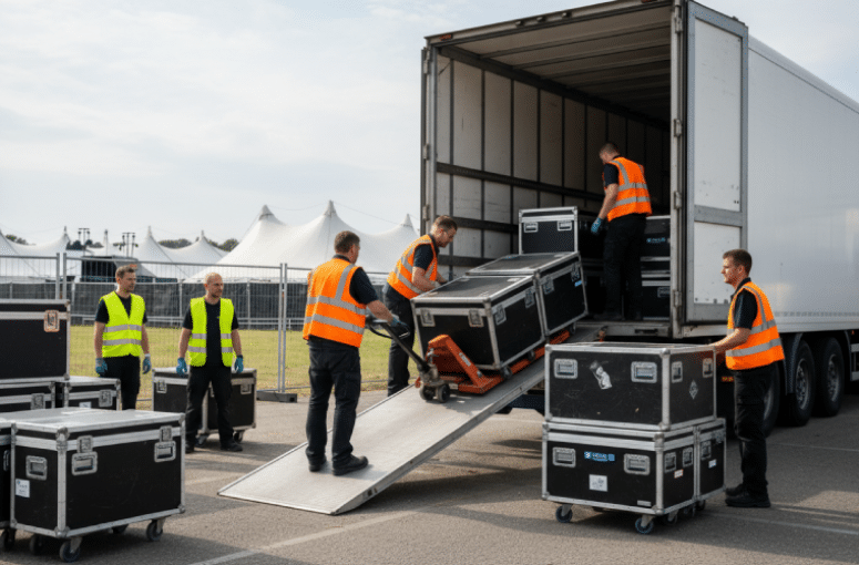 Employés déchargeant des caisses d'un camion