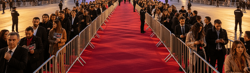 Image de tapis rouge avec une file d'attente derrière des barrières